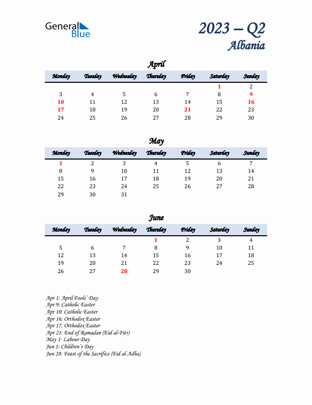 April, May, and June Calendar for Albania with Monday Start