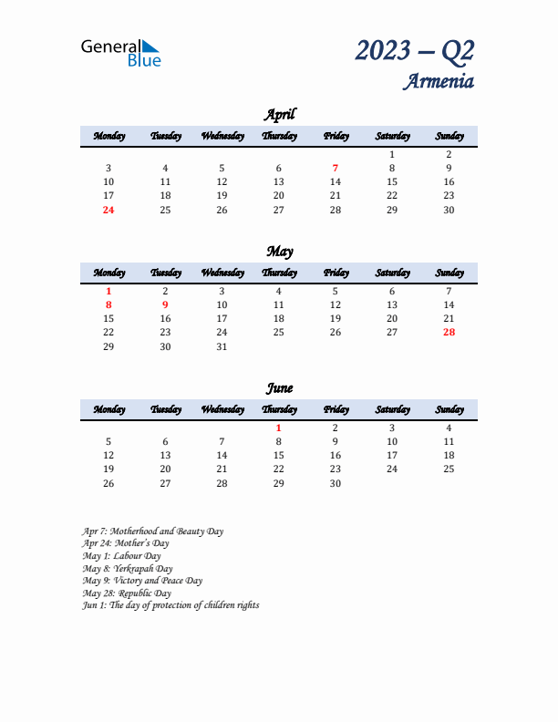 April, May, and June Calendar for Armenia with Monday Start