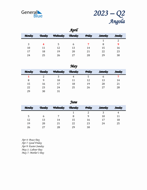 April, May, and June Calendar for Angola with Monday Start