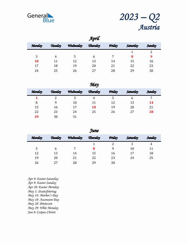 April, May, and June Calendar for Austria with Monday Start