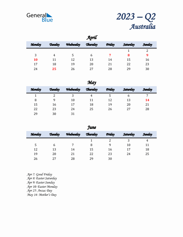 April, May, and June Calendar for Australia with Monday Start