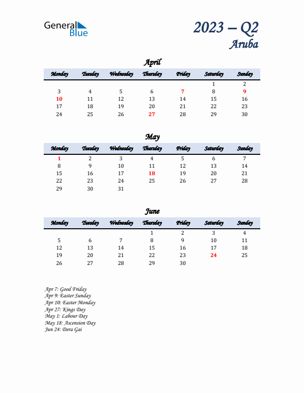 April, May, and June Calendar for Aruba with Monday Start