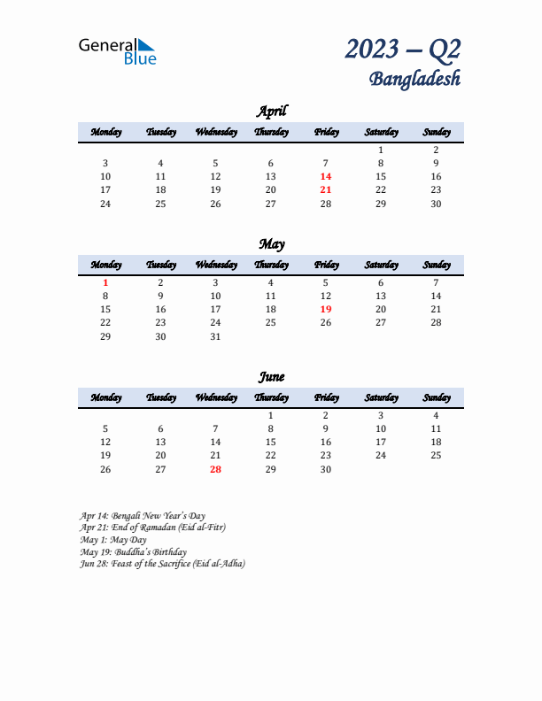 April, May, and June Calendar for Bangladesh with Monday Start