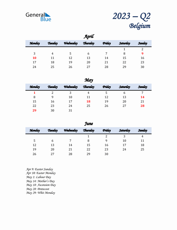 April, May, and June Calendar for Belgium with Monday Start