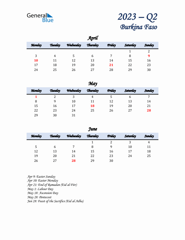 April, May, and June Calendar for Burkina Faso with Monday Start