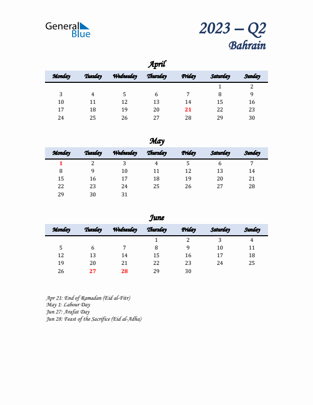 April, May, and June Calendar for Bahrain with Monday Start