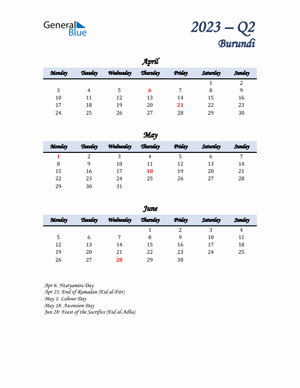 April, May, and June Calendar for Burundi with Monday Start