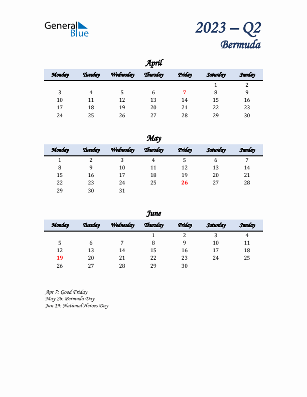 April, May, and June Calendar for Bermuda with Monday Start