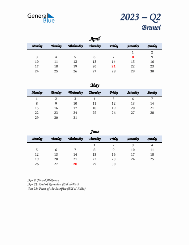 April, May, and June Calendar for Brunei with Monday Start