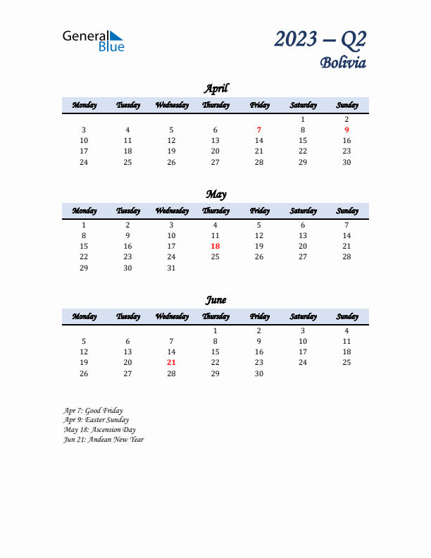 April, May, and June Calendar for Bolivia with Monday Start