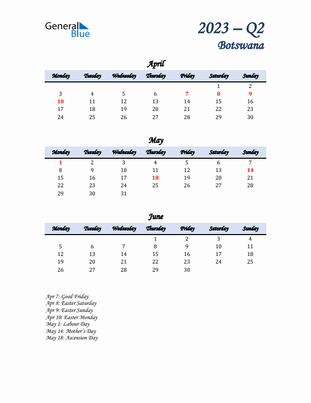 April, May, and June Calendar for Botswana with Monday Start