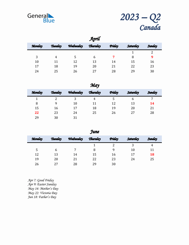 April, May, and June Calendar for Canada with Monday Start