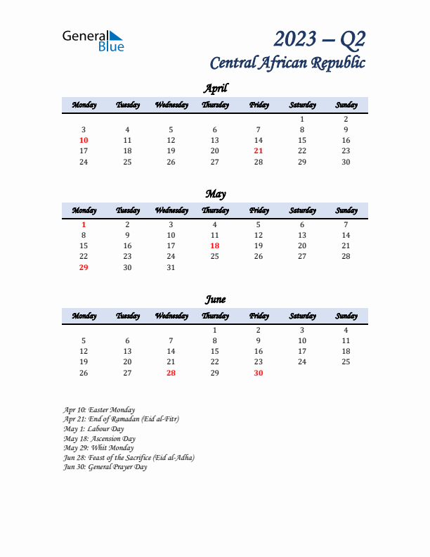 April, May, and June Calendar for Central African Republic with Monday Start