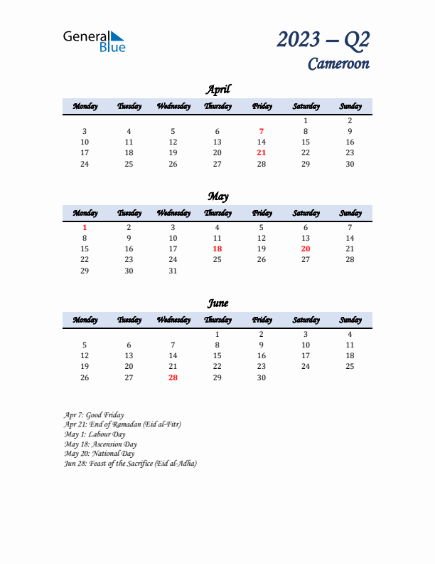 April, May, and June Calendar for Cameroon with Monday Start