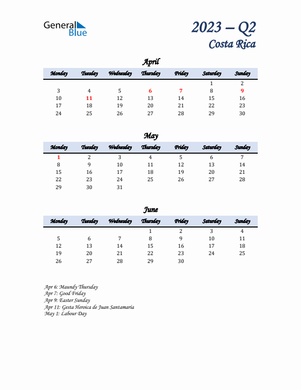 April, May, and June Calendar for Costa Rica with Monday Start