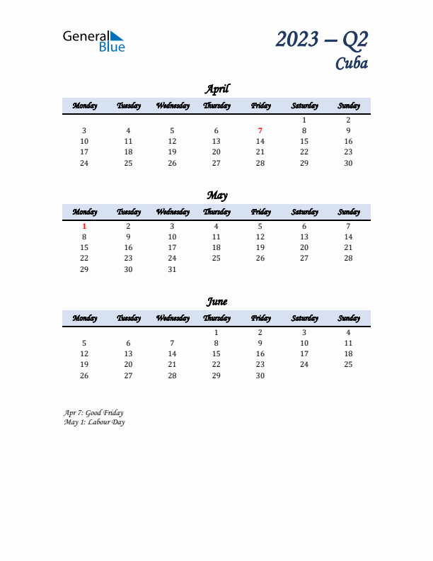 April, May, and June Calendar for Cuba with Monday Start