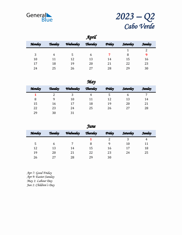 April, May, and June Calendar for Cabo Verde with Monday Start