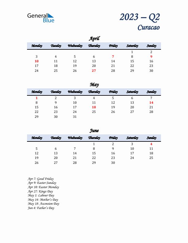 April, May, and June Calendar for Curacao with Monday Start