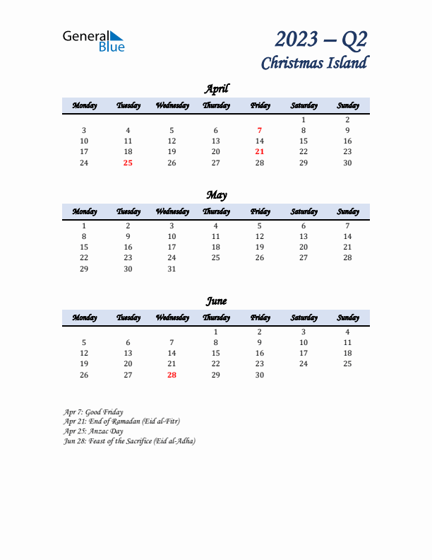 April, May, and June Calendar for Christmas Island with Monday Start