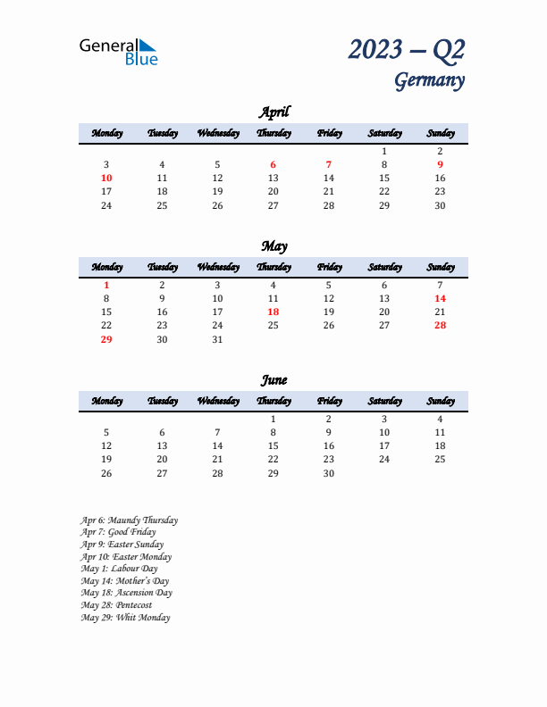 April, May, and June Calendar for Germany with Monday Start