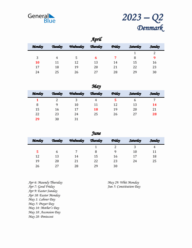 April, May, and June Calendar for Denmark with Monday Start