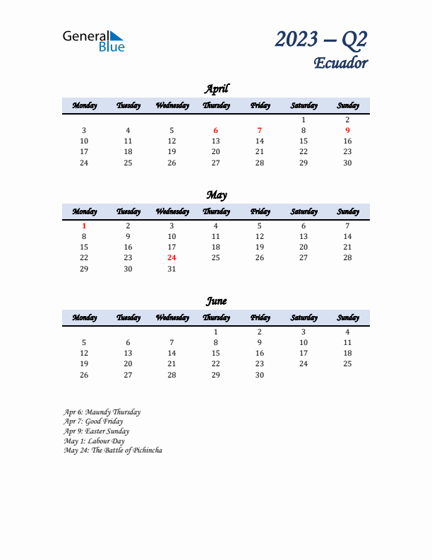 April, May, and June Calendar for Ecuador with Monday Start