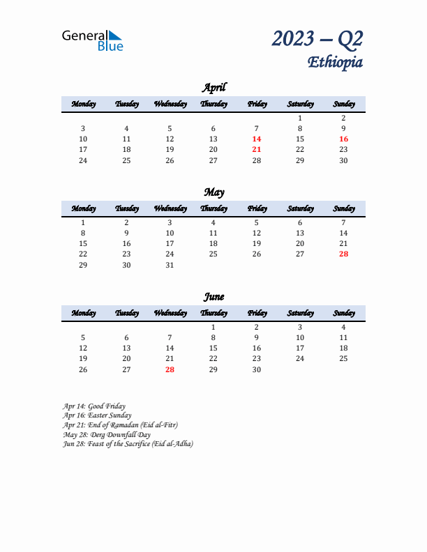 April, May, and June Calendar for Ethiopia with Monday Start