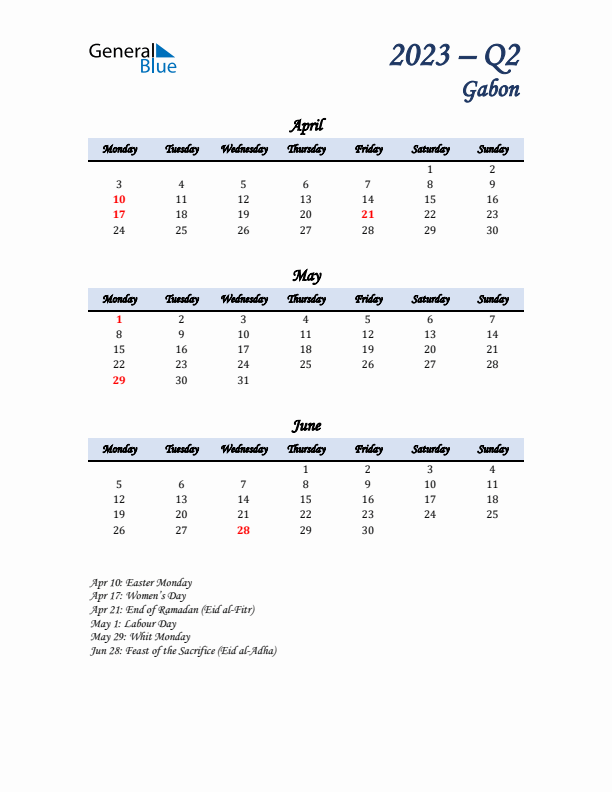 April, May, and June Calendar for Gabon with Monday Start