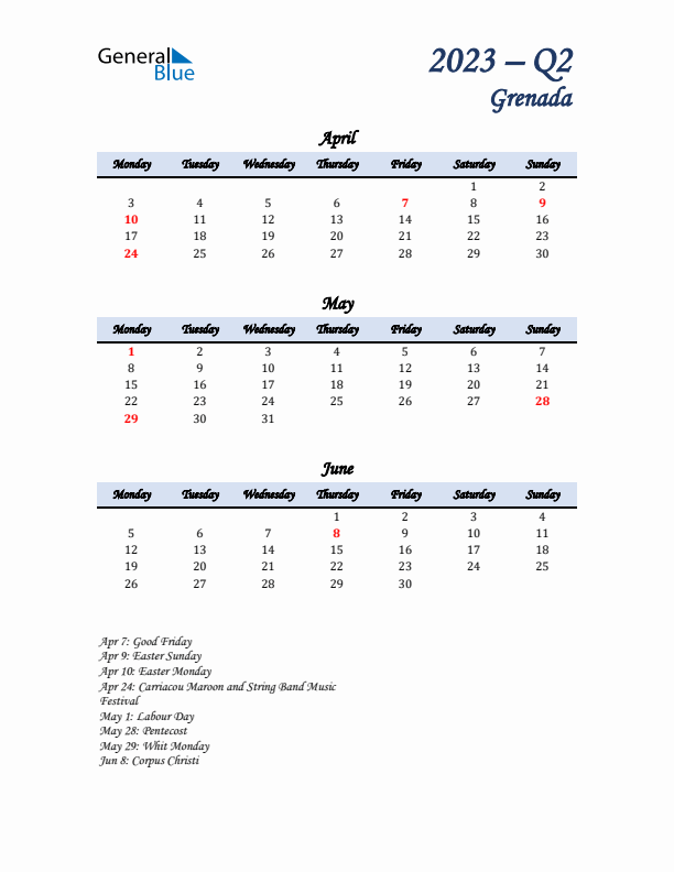 April, May, and June Calendar for Grenada with Monday Start