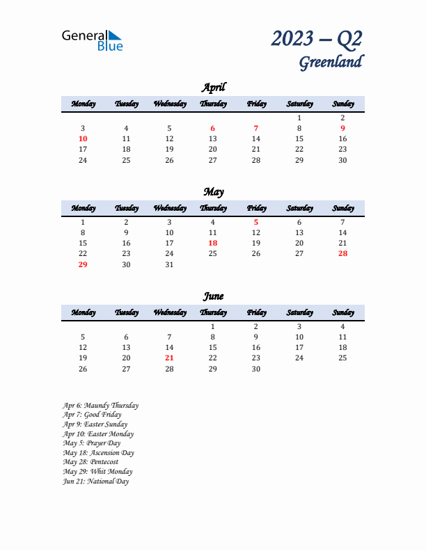 April, May, and June Calendar for Greenland with Monday Start