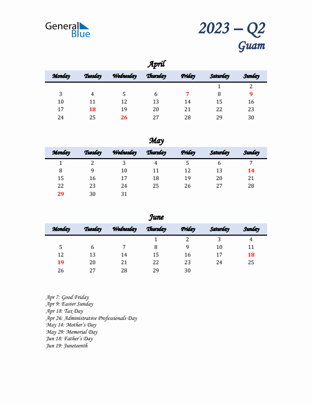 April, May, and June Calendar for Guam with Monday Start