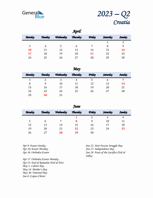 April, May, and June Calendar for Croatia with Monday Start