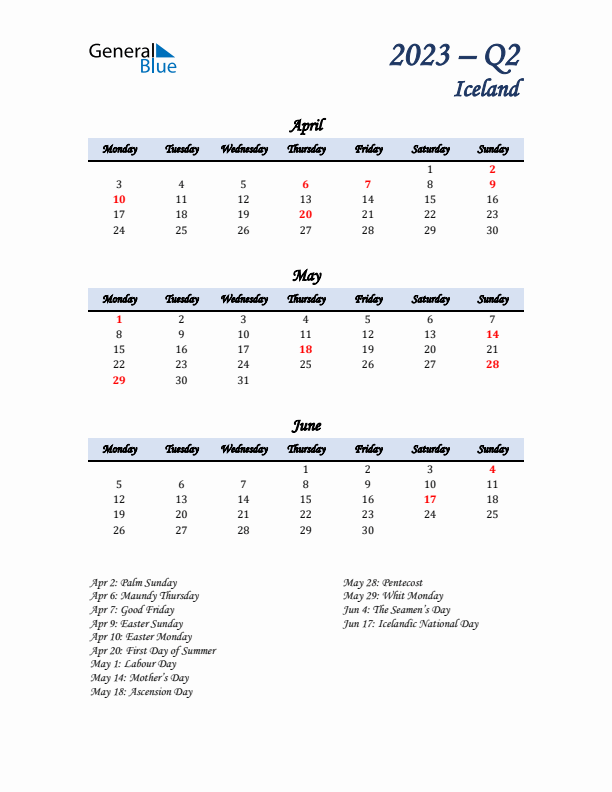 April, May, and June Calendar for Iceland with Monday Start