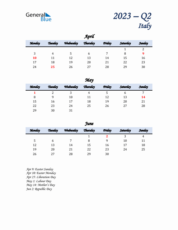 April, May, and June Calendar for Italy with Monday Start