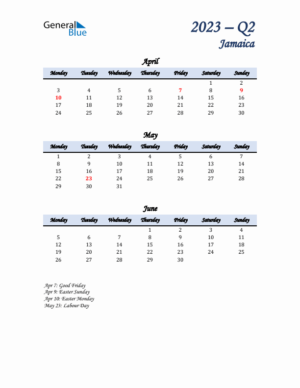 April, May, and June Calendar for Jamaica with Monday Start