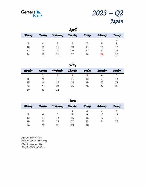 April, May, and June Calendar for Japan with Monday Start