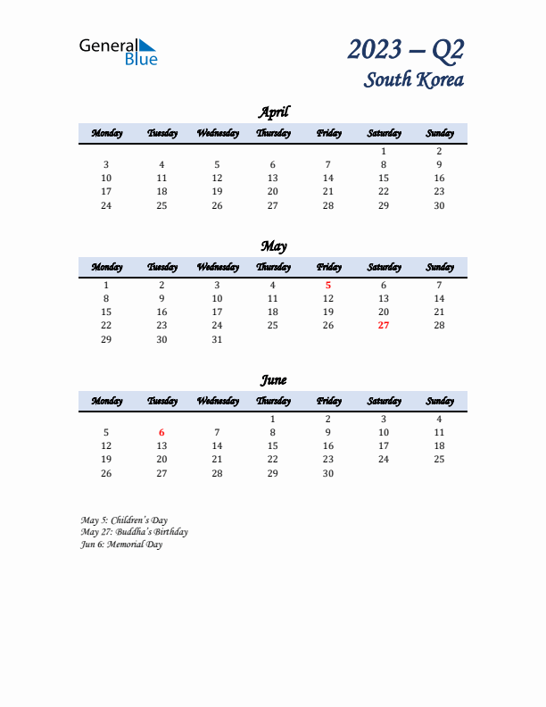 April, May, and June Calendar for South Korea with Monday Start