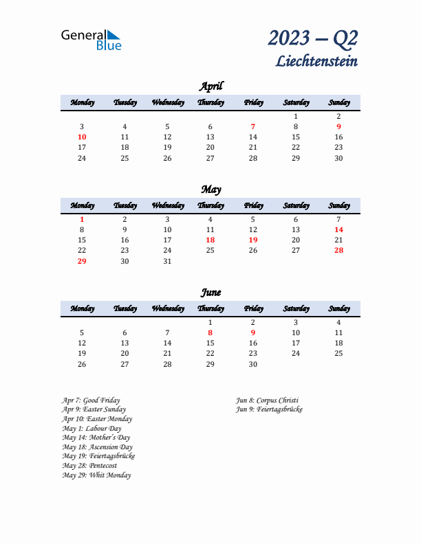 April, May, and June Calendar for Liechtenstein with Monday Start