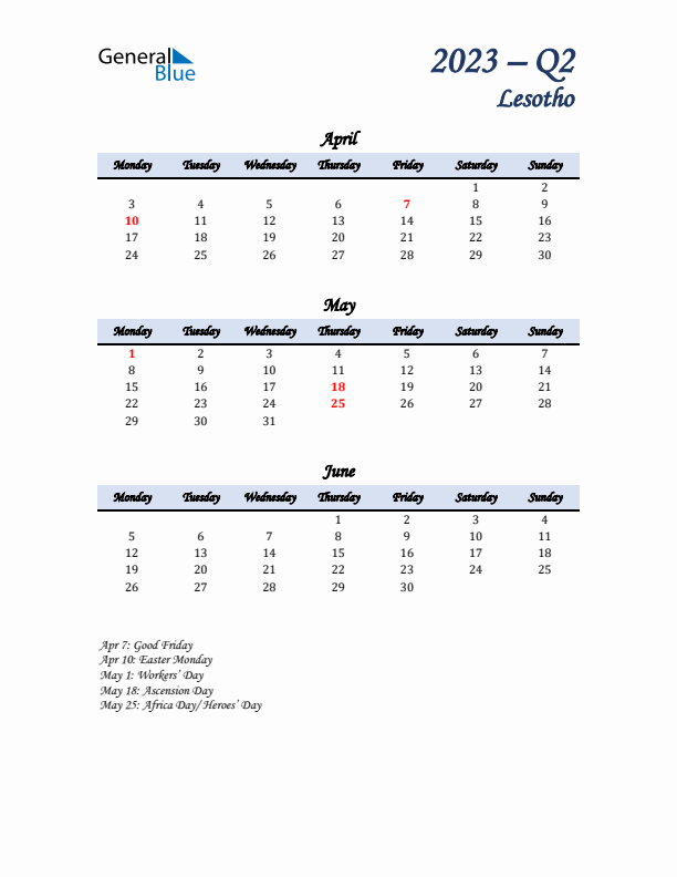 April, May, and June Calendar for Lesotho with Monday Start