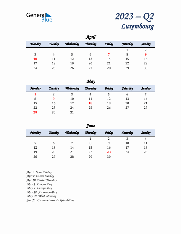 April, May, and June Calendar for Luxembourg with Monday Start