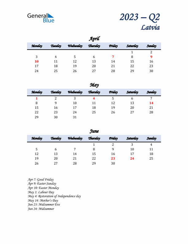 April, May, and June Calendar for Latvia with Monday Start