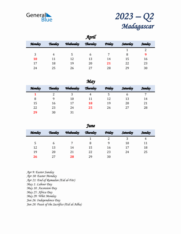 April, May, and June Calendar for Madagascar with Monday Start