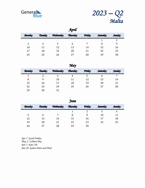 April, May, and June Calendar for Malta with Monday Start