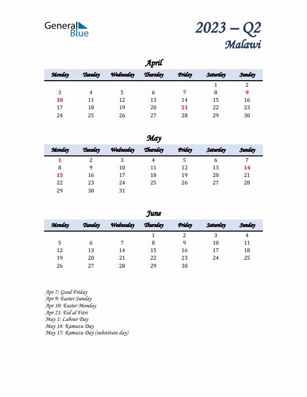 April, May, and June Calendar for Malawi with Monday Start