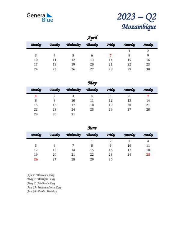 April, May, and June Calendar for Mozambique with Monday Start