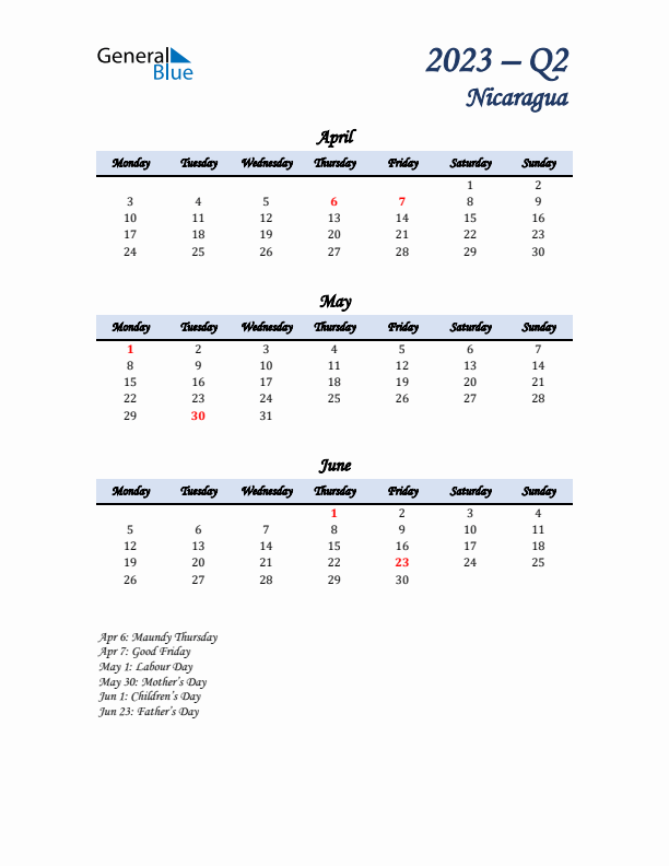 April, May, and June Calendar for Nicaragua with Monday Start