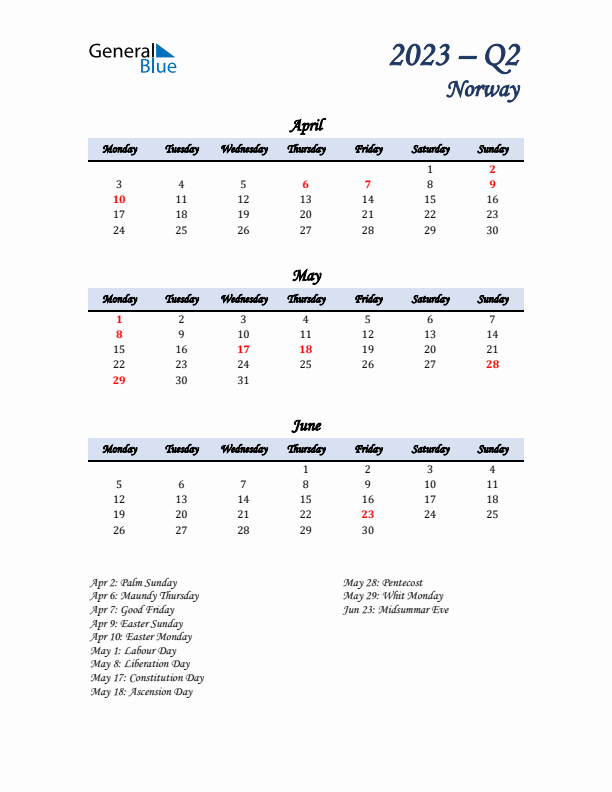 April, May, and June Calendar for Norway with Monday Start