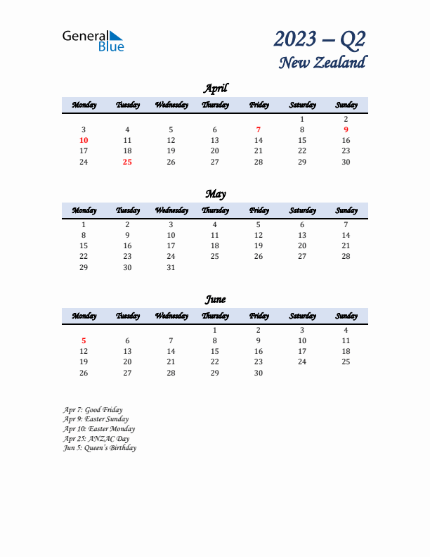 April, May, and June Calendar for New Zealand with Monday Start