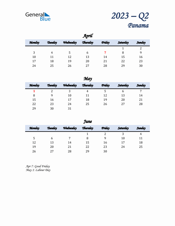 April, May, and June Calendar for Panama with Monday Start