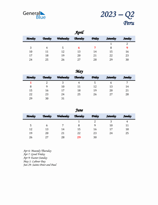 April, May, and June Calendar for Peru with Monday Start